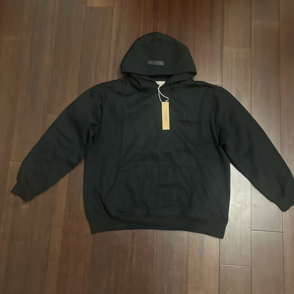 Fear of God ESSENTIALS Black Hoodie | All‑Black FOG Pullover | Size Medium
